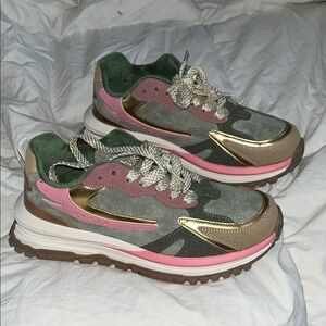 Chunky Pink and Green Sneakers with Retro Design